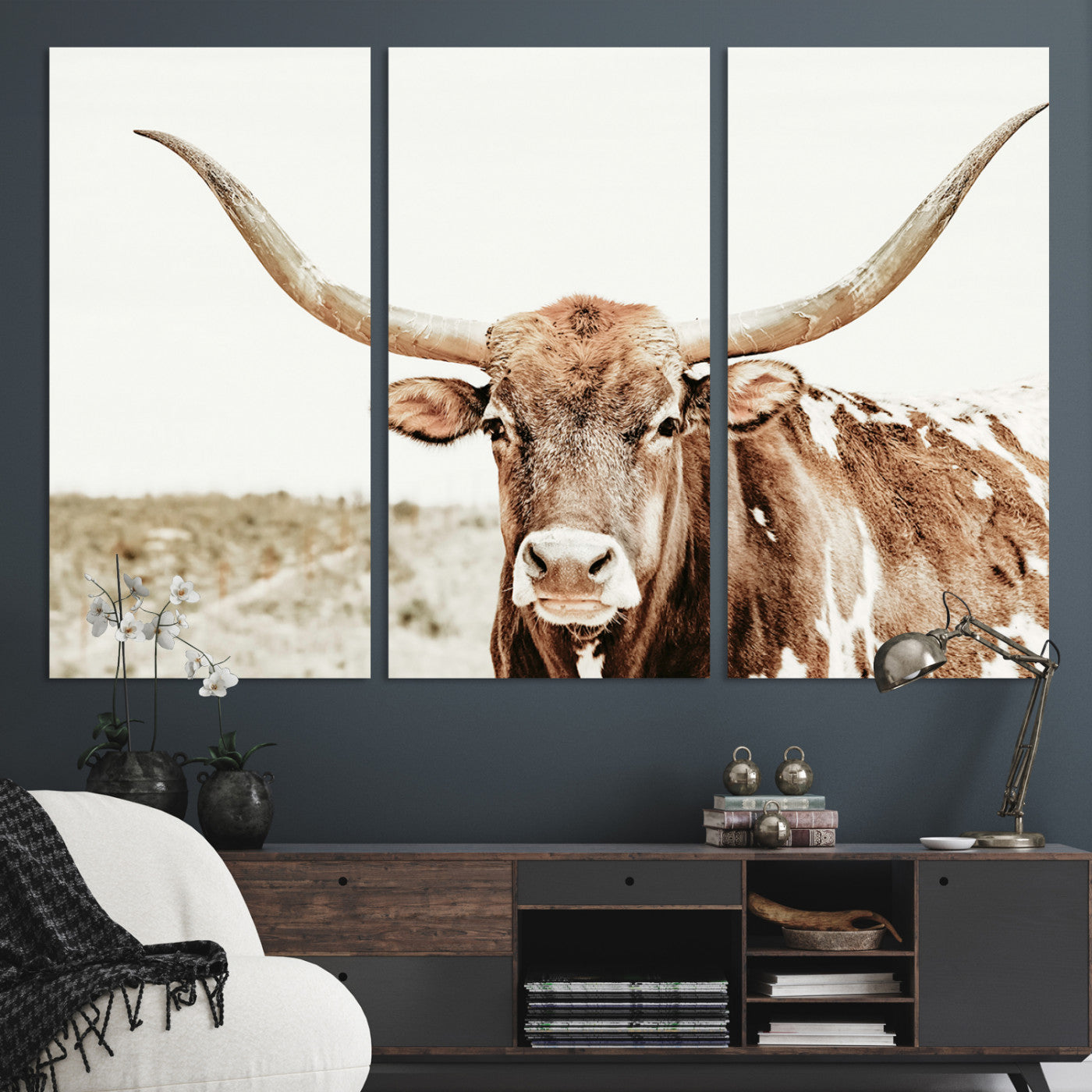 98924580-MGV-CV-36X24-Texas Longhorn Bull Wall Art Canvas Print, Framed Rustic Farmhouse Decor Art Picture Print, Western Animal Theme Perfect Rustic