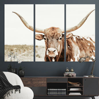 98924580-MGV-CV-36X24-Texas Longhorn Bull Wall Art Canvas Print, Framed Rustic Farmhouse Decor Art Picture Print, Western Animal Theme Perfect Rustic