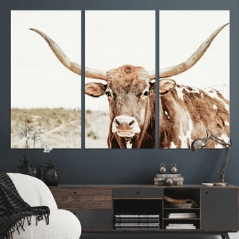 98924580-MGV-CV-48X32-3P-Texas Longhorn Bull Wall Art Canvas Print, Framed Rustic Farmhouse Decor Art Picture Print, Western Animal Theme Perfect Rustic