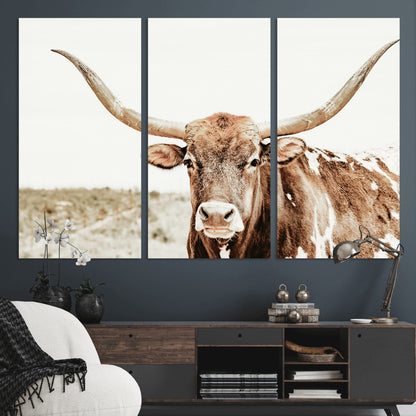 98924580-MGV-CV-48X32-3P-Texas Longhorn Bull Wall Art Canvas Print, Framed Rustic Farmhouse Decor Art Picture Print, Western Animal Theme Perfect Rustic