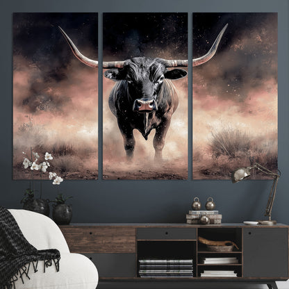 71457818-MGV-CV-36X24-Longhorn Wall Art Wall Art Canvas Print, Framed Western Bull Canvas Art Picture Print, Rustic Cow Decor Perfect Western Dramatic
