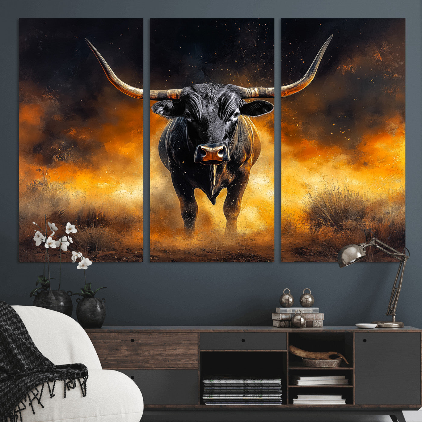 58293979-MGV-CV-36X24-Longhorn Canvas Wall Art Canvas Print, Framed Bold Bull Wall Art Art Picture Print, Western Animal Decor Perfect Western Dramatic