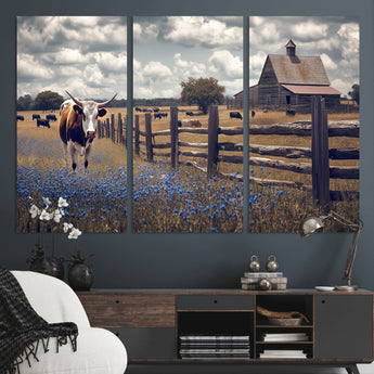 22296025-MGV-CV-48X32-3P-Texas Longhorn Canvas Wall Art Canvas Print, Framed Rustic Barn Wall Art Art Picture Print, Farmhouse Cow Decor Perfect Rustic