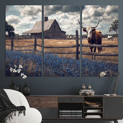 51092814-MGV-CV-48X32-3P-Texas Longhorn Wall Art Wall Art Canvas Print, Framed Rustic Barn Canvas Art Picture Print, Farmhouse Cow Decor Perfect Rustic