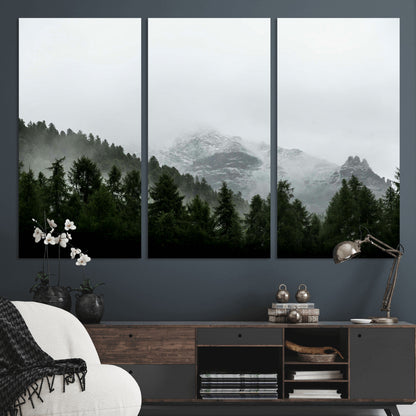 55968349-MGV-CV-36X24-Misty Mountains Wall Art Canvas Print, Framed Foggy Forest Art Picture Print, Snowy Peaks Perfect Moody Wilderness Decor Artwork