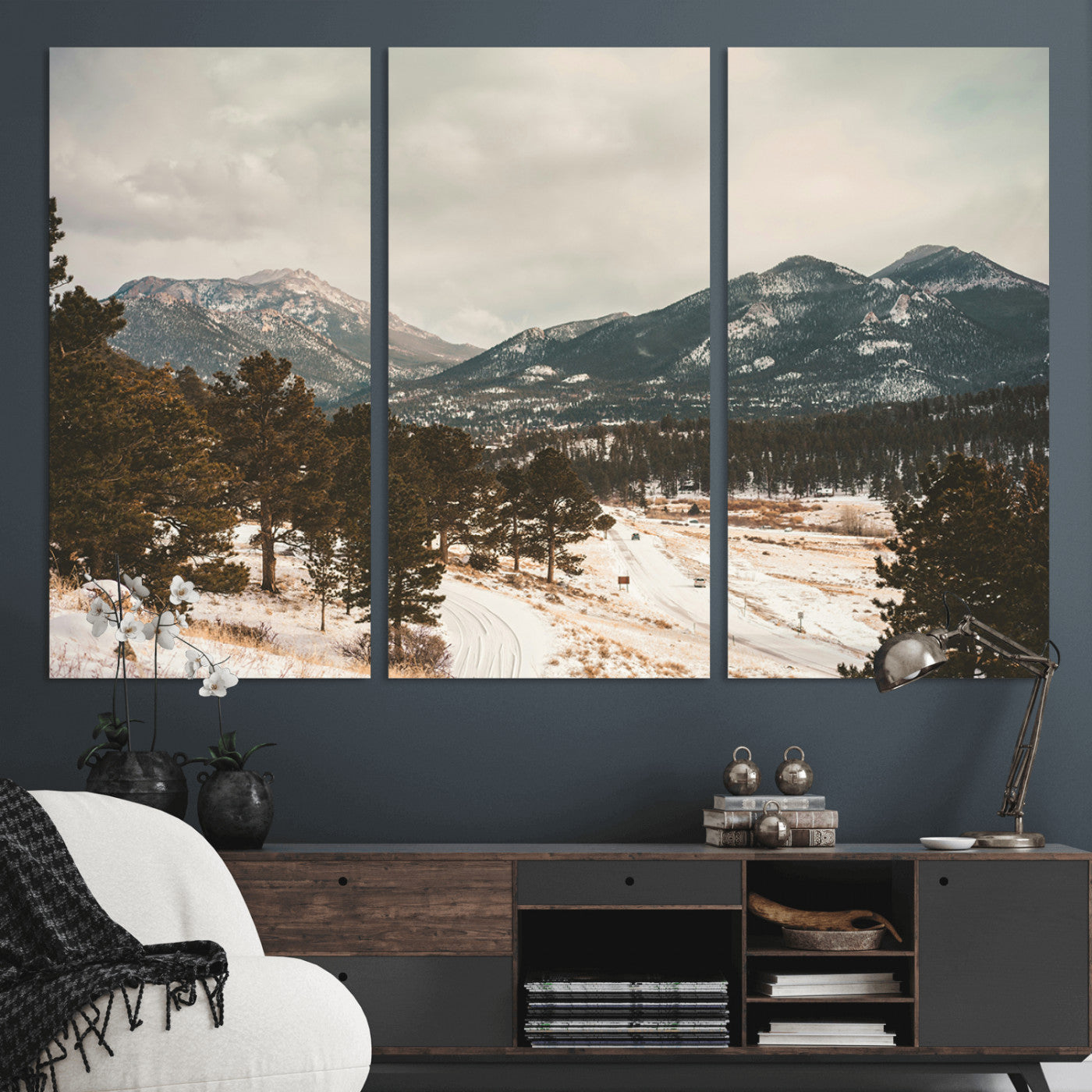 77311749-MGV-CV-48X32-3P-Mountain Landscape Wall Art Canvas Print, Framed Snowy Peaks Art Picture Print, Alpine Aesthetic Perfect Rustic Winter Decor