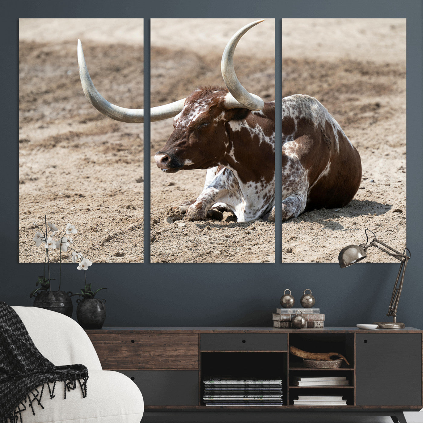 76549210-MGV-CV-36X24-Texas Longhorn Wall Art Canvas Print, Framed Country Living Art Picture Print, Farmhouse Aesthetic Perfect Western Rustic Decor