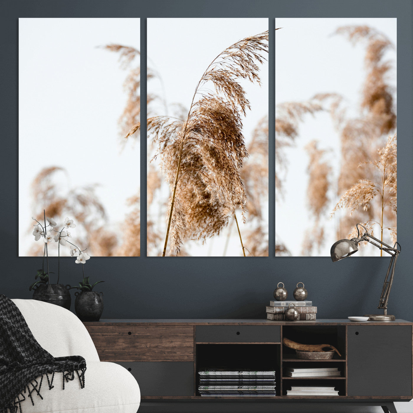 17019393-MGV-CV-48X32-3P-Pampas Grass Wall Art Canvas Print, Framed Neutral Tones Art Picture Print, Minimalist Nature Perfect Boho Minimalist Decor