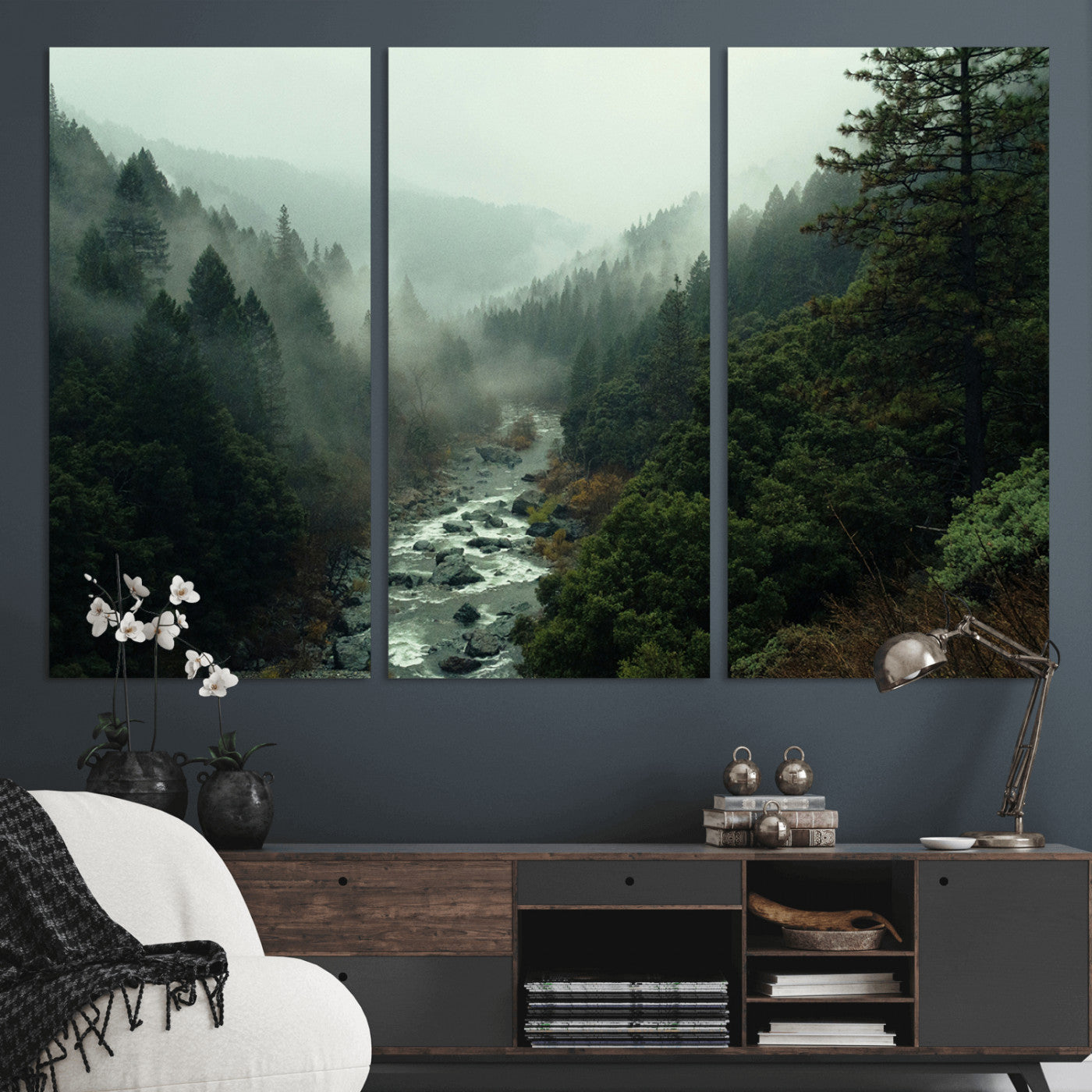 48497565-MGV-CV-36X24-Misty Forest Wall Art Canvas Print, Framed Foggy River Art Picture Print, Moody Landscape Perfect Moody Wilderness Decor Artwork