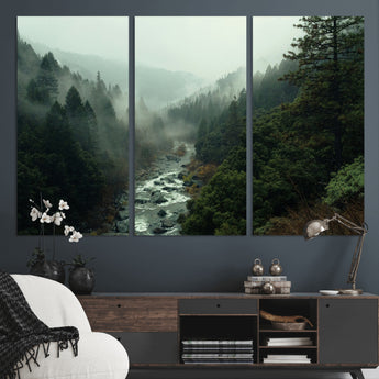48497565-MGV-CV-36X24-Misty Forest Wall Art Canvas Print, Framed Foggy River Art Picture Print, Moody Landscape Perfect Moody Wilderness Decor Artwork