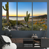 52844711-MGV-CV-48X32-3P-Saguaro Cactus Wall Art Canvas Print, Framed Desert Sunset Art Picture Print, Southwestern Scene Perfect Southwestern Rustic Decor