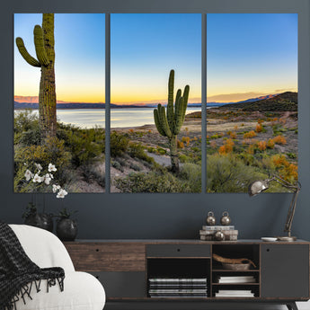 52844711-MGV-CV-48X32-3P-Saguaro Cactus Wall Art Canvas Print, Framed Desert Sunset Art Picture Print, Southwestern Scene Perfect Southwestern Rustic Decor