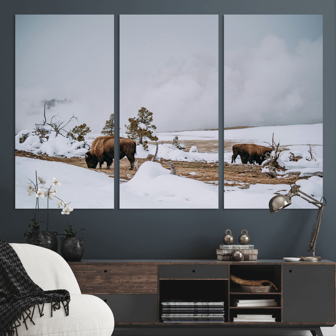60308289-MGV-CV-36X24-Bison Wildlife Wall Art Canvas Print, Framed Snowy Prairie Art Picture Print, Western Landscape Perfect Rustic Winter Decor