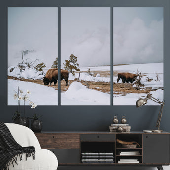60308289-MGV-CV-36X24-Bison Wildlife Wall Art Canvas Print, Framed Snowy Prairie Art Picture Print, Western Landscape Perfect Rustic Winter Decor