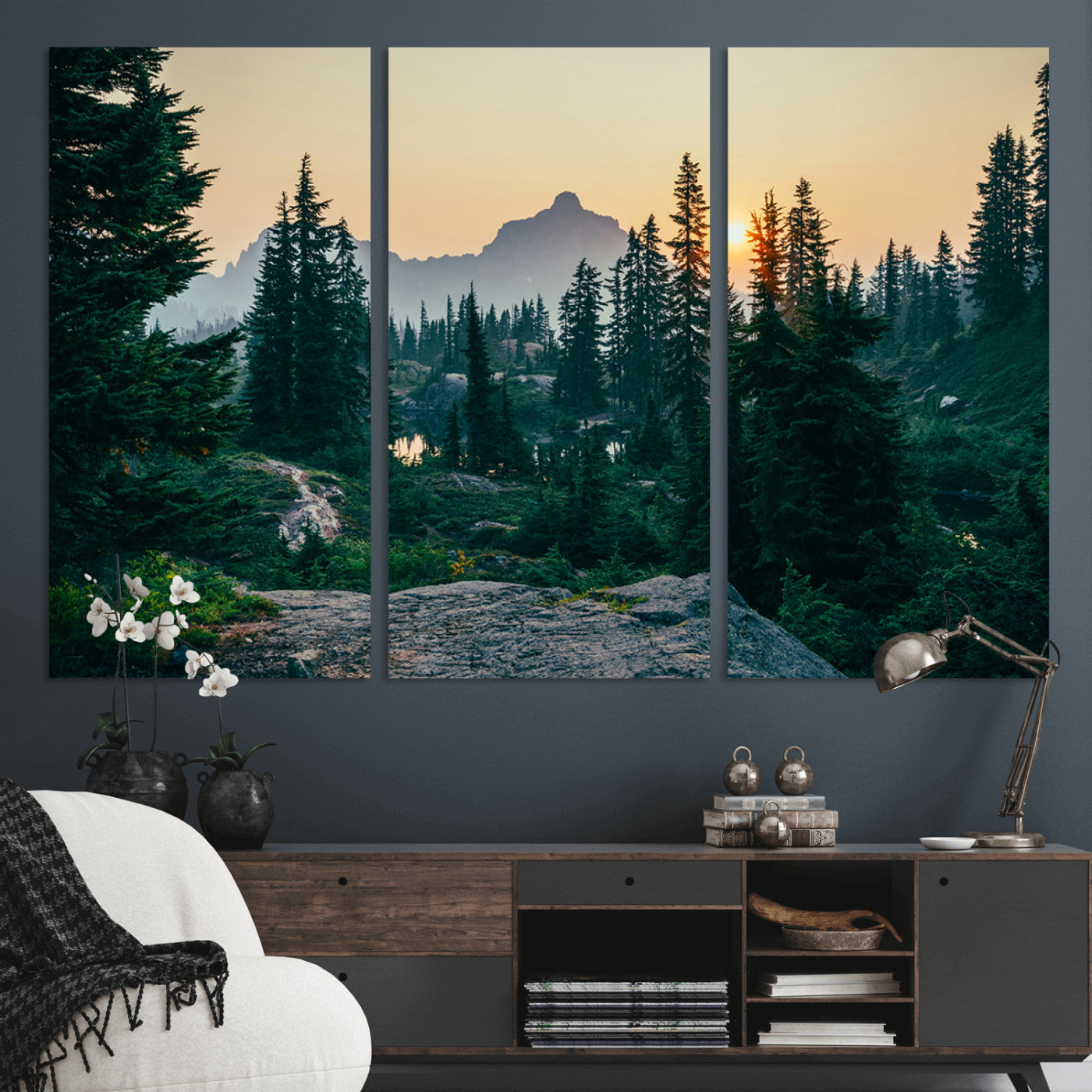 66397982-MGV-CV-48X32-3P-Mountain Landscape Wall Art Canvas Print, Framed Forest Serenity Art Picture Print, Mountain Landscape Perfect Rustic Wilderness