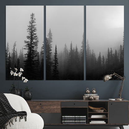 73138900-MGV-CV-48X32-3P-Misty Pines Wall Art Canvas Print, Framed Woodland Photography Art Picture Print, Minimalist Decor Perfect Modern Rustic Decor