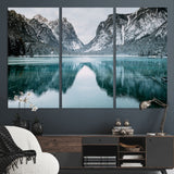 73098373-MGV-CV-48X32-3P-Mountain Lake Wall Art Canvas Print, Framed Winter Wonderland Art Picture Print, Snowy Peaks Perfect Modern Nature Decor Artwork