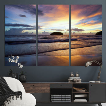 36714356-MGV-CV-48X32-3P-Beach Sunset Wall Art Canvas Print, Framed Ocean Waves Art Picture Print, Tropical Seascape Perfect Coastal Serenity Decor Artwork