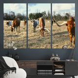 39144651-MGV-CV-48X32-3P-Texas Longhorns Wall Art Canvas Print, Framed Rustic Farm Scene Art Picture Print, Western Cattle Perfect Rustic Farmhouse Decor