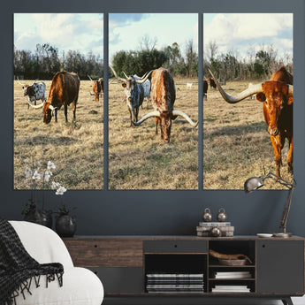 39144651-MGV-CV-48X32-3P-Texas Longhorns Wall Art Canvas Print, Framed Rustic Farm Scene Art Picture Print, Western Cattle Perfect Rustic Farmhouse Decor