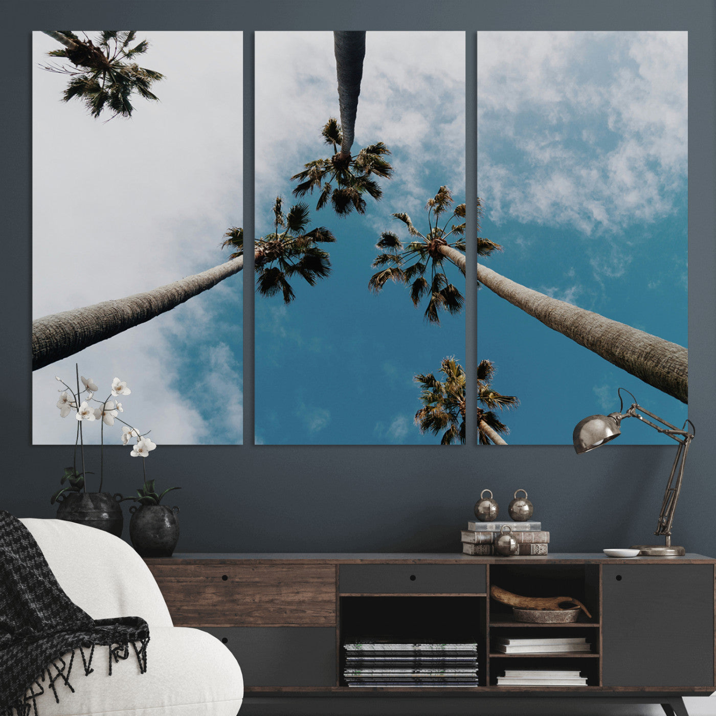 45236398-MGV-CV-36X24-Tropical Palm Trees Wall Art Canvas Print, Framed California Sky Art Picture Print, Minimalist Nature Perfect Coastal Minimalist