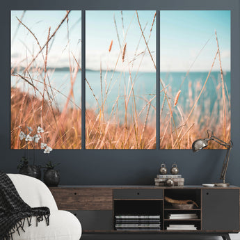 36108696-MGV-CV-48X32-3P-Coastal Grass Wall Art – Serene Ocean View Canvas Print, Beach Nature Photography Decor for Living Room, Bedroom, Office or Modern