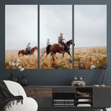 94723307-MGV-CV-48X32-3P-Western Cowboys Wall Art Canvas Print, Framed Rustic Prairie Art Picture Print, Horseback Riding Perfect Rustic Western Decor