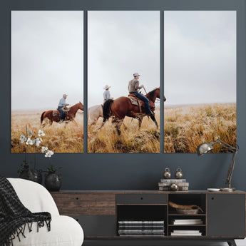 94723307-MGV-CV-48X32-3P-Western Cowboys Wall Art Canvas Print, Framed Rustic Prairie Art Picture Print, Horseback Riding Perfect Rustic Western Decor