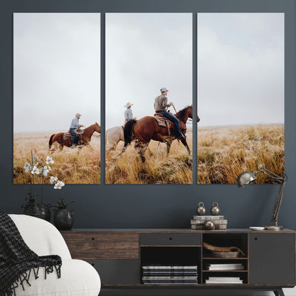 94723307-MGV-CV-48X32-3P-Western Cowboys Wall Art Canvas Print, Framed Rustic Prairie Art Picture Print, Horseback Riding Perfect Rustic Western Decor
