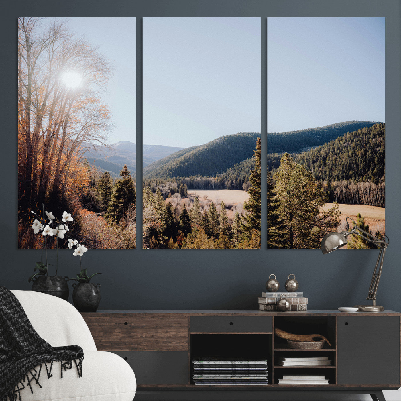 52941305-MGV-CV-36X24-Rustic Landscape Wall Art Canvas Print, Framed Serene Valley Art Picture Print, Pine Tree Horizon Perfect Rustic Cabin Decor