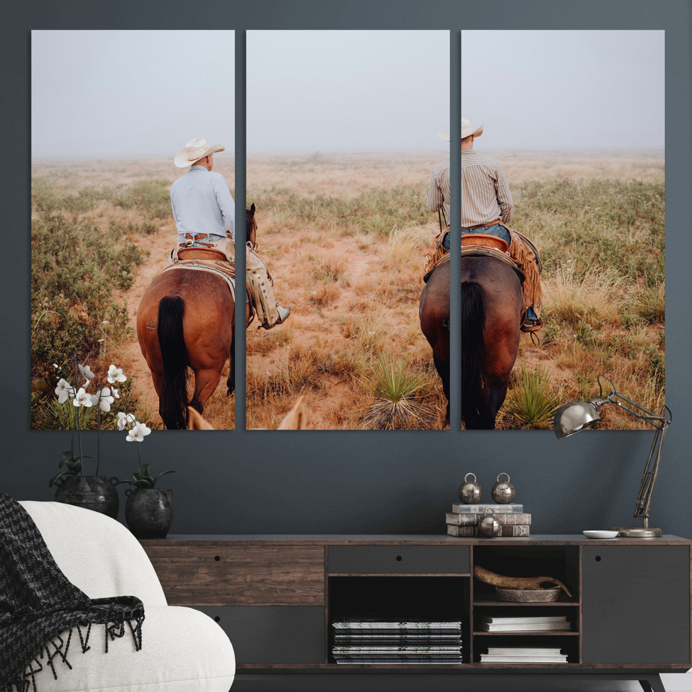 54943176-MGV-CV-48X32-3P-Cowboy Wall Art Wall Art Canvas Print, Framed Western Canvas Art Picture Print, Rustic Ranch Scene Perfect Rustic Western Decor