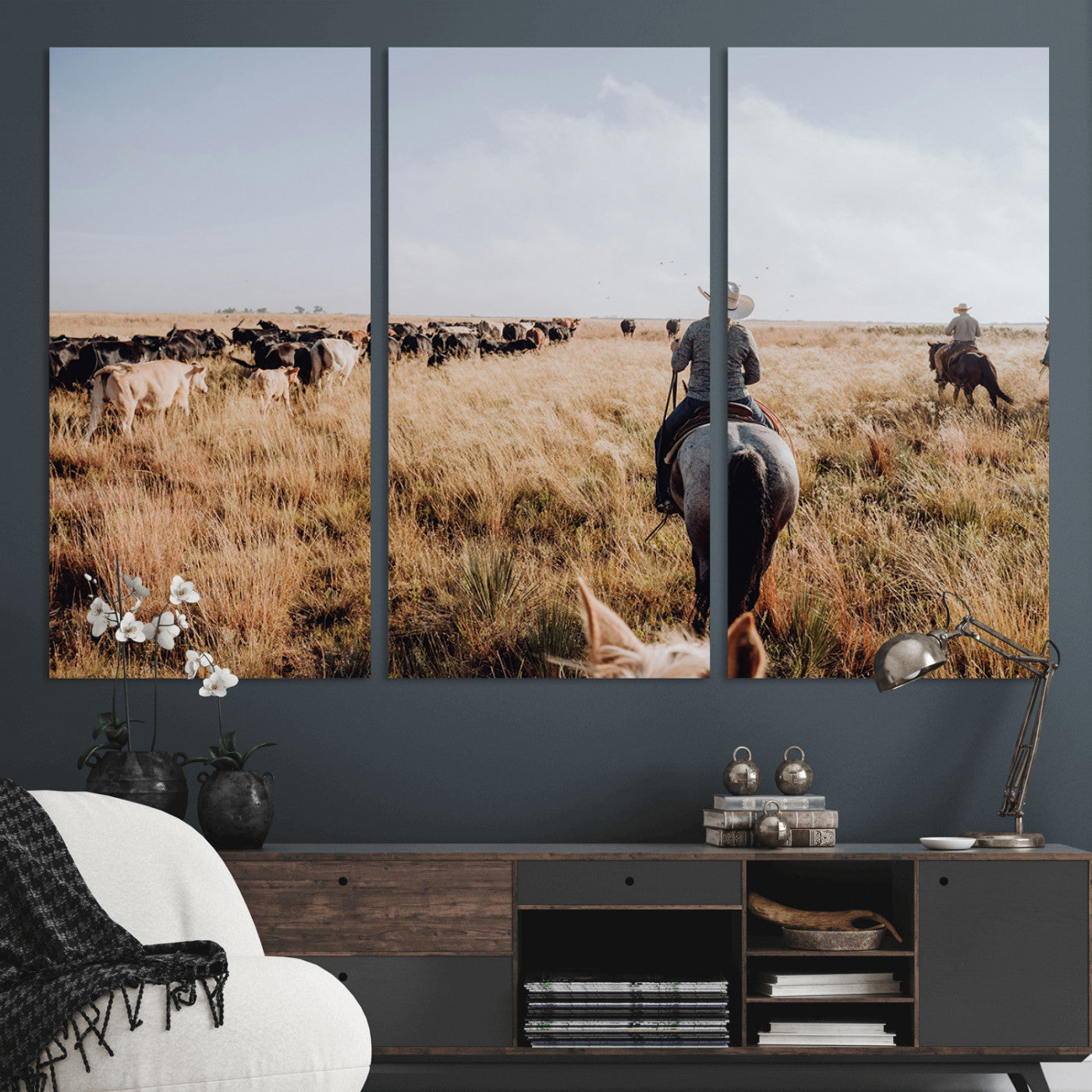 22431577-MGV-CV-36X24-Western Wall Art Wall Art Canvas Print, Framed Cowboy Canvas Art Picture Print, Cattle Drive Scene Perfect Rustic Western Decor