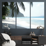 18311030-MGV-CV-48X32-3P-Tropical Beach Wall Art Canvas Print, Framed Serene Ocean Art Picture Print, Palm Tree Shadows Perfect Tropical Coastal Decor