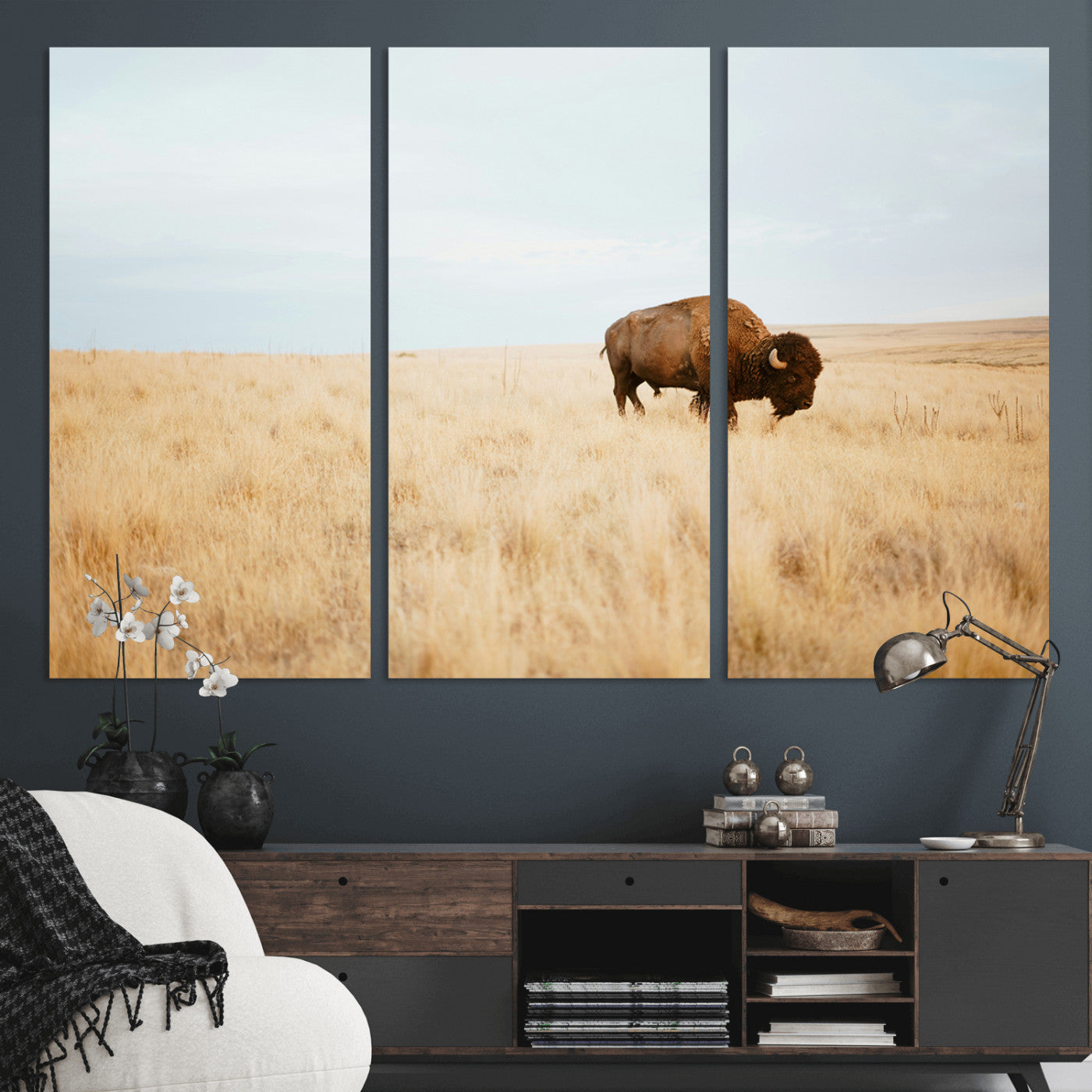 61392510-MGV-CV-36X24-Buffalo Wall Art Wall Art Canvas Print, Framed Western Wildlife Decor Art Picture Print, Rustic Farmhouse Art Perfect Rustic