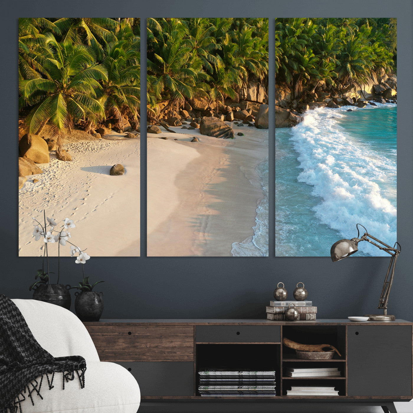 82312665-MGV-CV-36X24-Tropical Beach Wall Art Canvas Print, Framed Ocean Waves Art Picture Print, Palm Trees Perfect Coastal Minimalist Decor Artwork