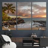 55108220-MGV-CV-48X32-3P-Tropical Beach Wall Art Canvas Print, Framed Hawaiian Sunset Art Picture Print, Ocean Waves Perfect Coastal Tropical Decor Artwork