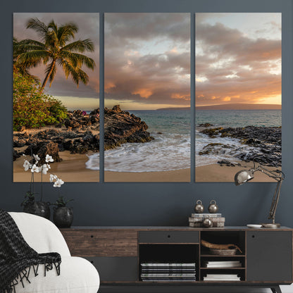 55108220-MGV-CV-48X32-3P-Tropical Beach Wall Art Canvas Print, Framed Hawaiian Sunset Art Picture Print, Ocean Waves Perfect Coastal Tropical Decor Artwork