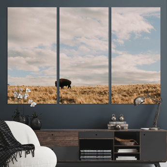 22754563-MGV-CV-36X24-Earthy Tones Wall Art Canvas Print, Framed Rustic Nature Art Picture Print, Solitary Buffalo Perfect Western Minimalist Decor