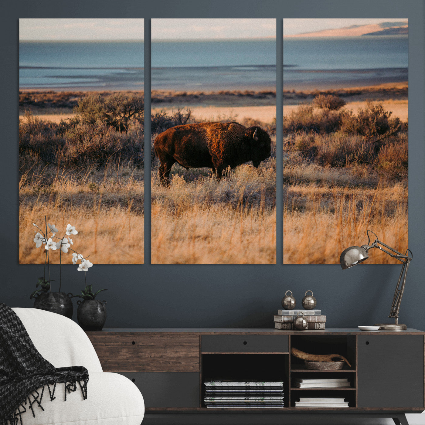 39509187-MGV-CV-48X32-3P-Western Wildlife Wall Art Canvas Print, Framed Bison Art Picture Print, Golden Hour Perfect Western Rustic Decor Artwork