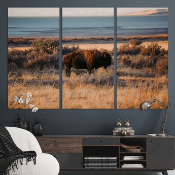 39509187-MGV-CV-48X32-3P-Western Wildlife Wall Art Canvas Print, Framed Bison Art Picture Print, Golden Hour Perfect Western Rustic Decor Artwork