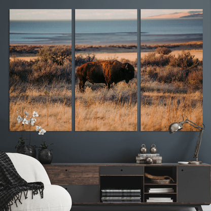 39509187-MGV-CV-48X32-3P-Western Wildlife Wall Art Canvas Print, Framed Bison Art Picture Print, Golden Hour Perfect Western Rustic Decor Artwork