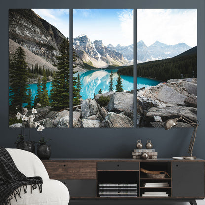 98014896-MGV-CV-48X32-3P-Canadian Rockies Wall Art Canvas Print, Framed Mountain Landscape Art Picture Print, Turquoise Water Perfect Scandinavian