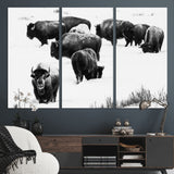 18914414-MGV-CV-48X32-3P-Buffalo Herd Wall Art Canvas Print, Framed Black and White Art Picture Print, Snowy Landscape Perfect Rustic Lodge Decor Decor