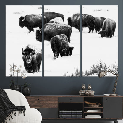 18914414-MGV-CV-48X32-3P-Buffalo Herd Wall Art Canvas Print, Framed Black and White Art Picture Print, Snowy Landscape Perfect Rustic Lodge Decor Decor