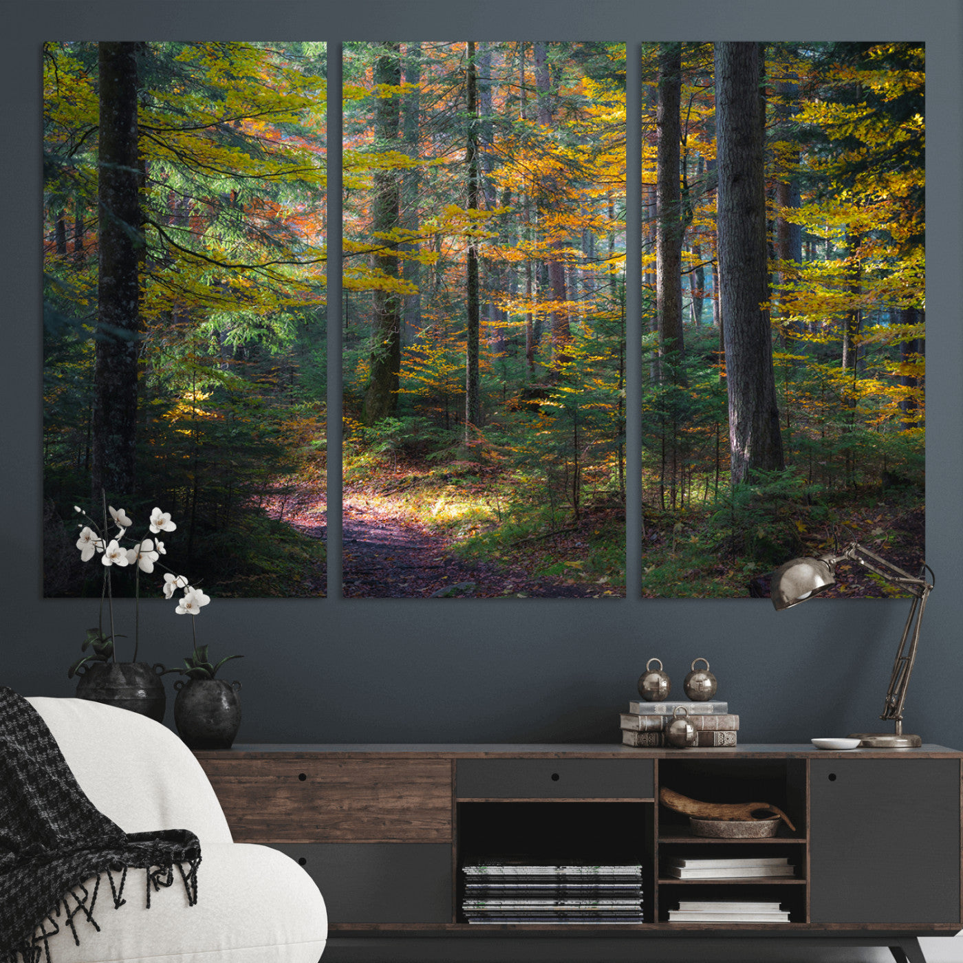 65810864-MGV-CV-36X24-Autumn Forest Wall Art Canvas Print, Framed Fall Woodland Art Picture Print, Golden Leaves Perfect Rustic Farmhouse Decor Artwork