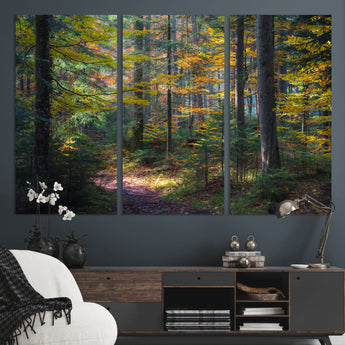 65810864-MGV-CV-36X24-Autumn Forest Wall Art Canvas Print, Framed Fall Woodland Art Picture Print, Golden Leaves Perfect Rustic Farmhouse Decor Artwork