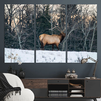 36533178-MGV-CV-36X24-Wild Elk Photography Wall Art Canvas Print, Framed Winter Wildlife Art Picture Print, Snowy Forest Perfect Rustic Lodge Decor
