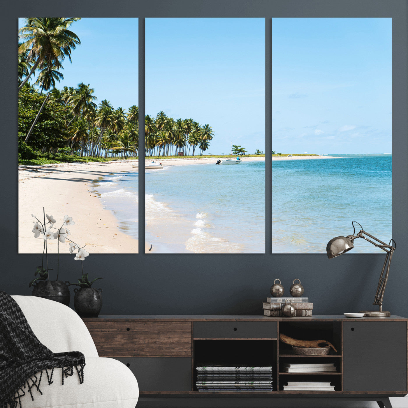 37858872-MGV-CV-36X24-Palm Tree Coast Wall Art Canvas Print, Framed Island Getaway Art Picture Print, Crystal Blue Water Perfect Tropical Coastal Decor