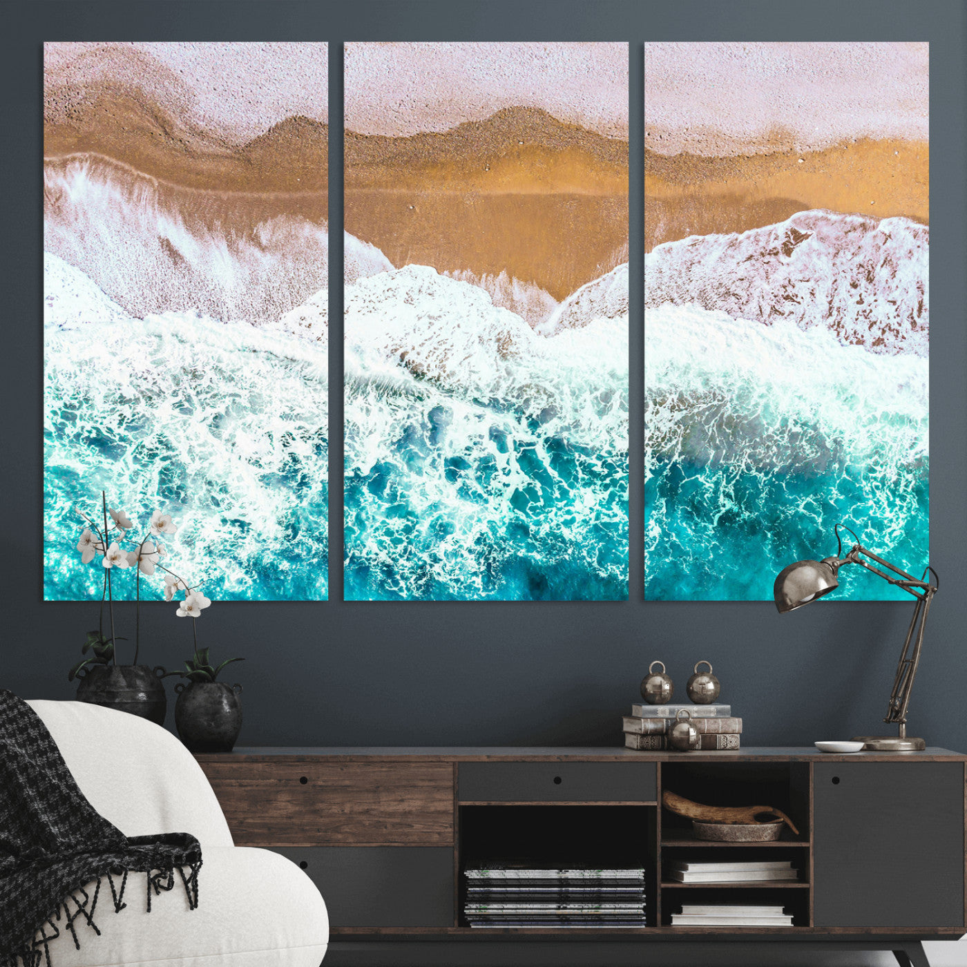 26870666-MGV-CV-48X32-3P-Aerial Beach Wall Art Canvas Print, Framed Ocean Waves Art Picture Print, Coastal Landscape Perfect Coastal Minimalist Decor