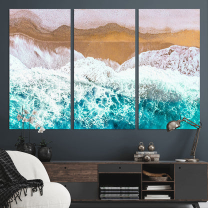 26870666-MGV-CV-48X32-3P-Aerial Beach Wall Art Canvas Print, Framed Ocean Waves Art Picture Print, Coastal Landscape Perfect Coastal Minimalist Decor